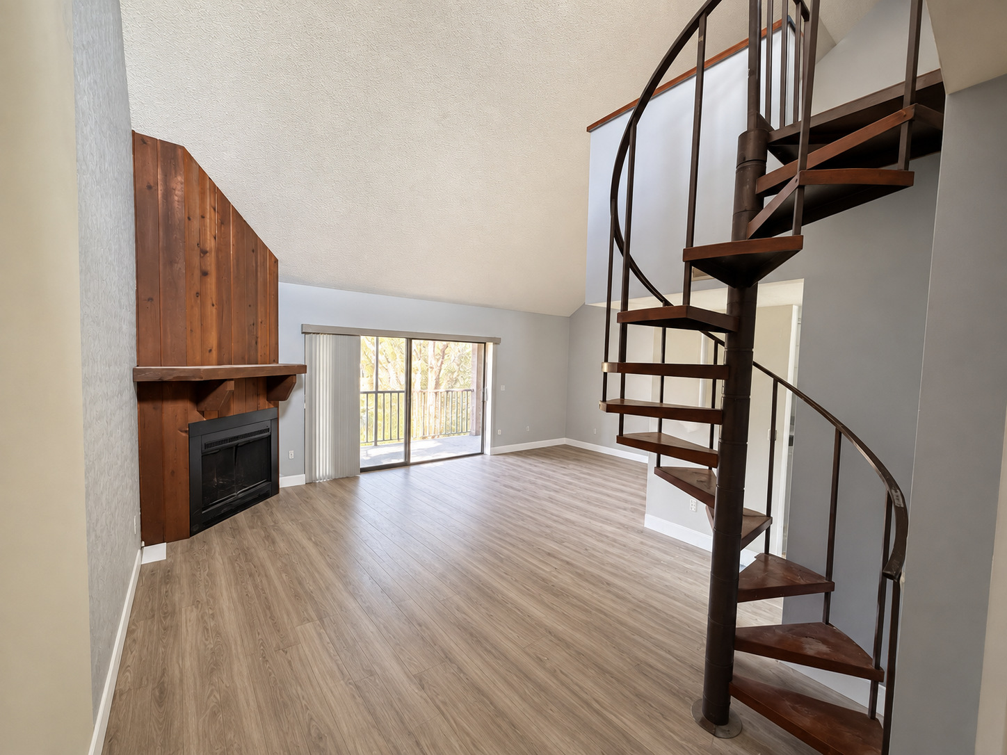 Living room and spiral staircase